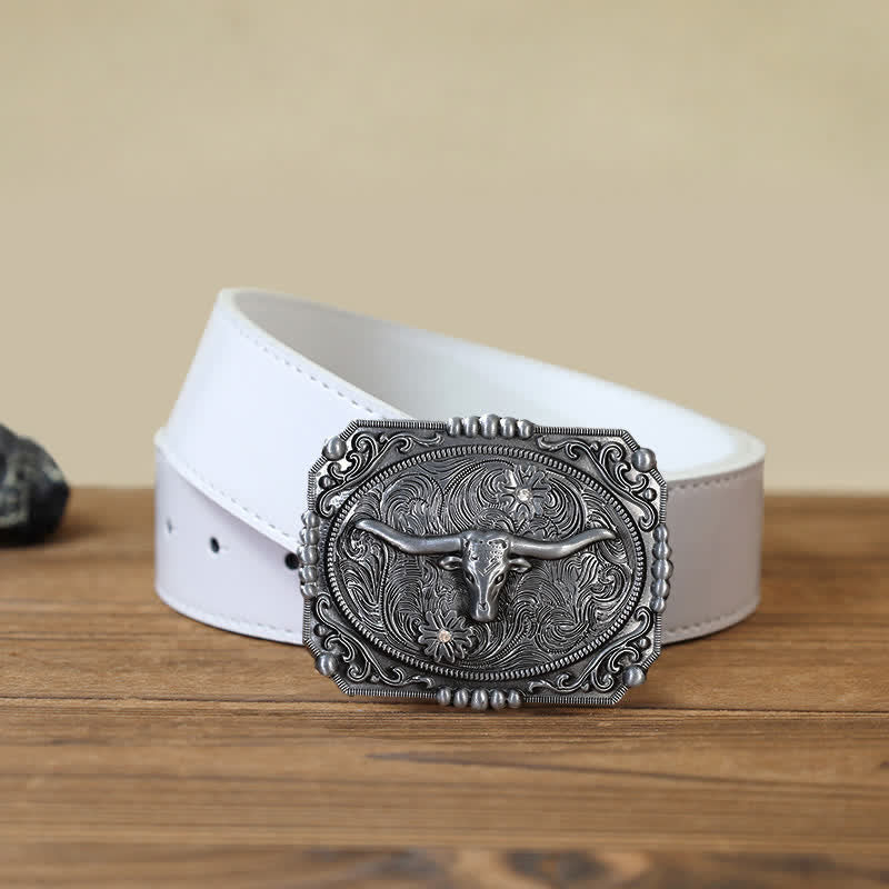 Men's DIY Longhorn Bull Head Buckle Leather Belt - Bull Head - White PU Belt (40) - image 7