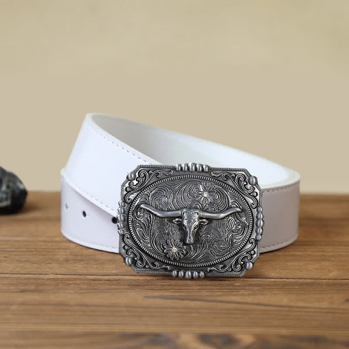 Men's DIY Longhorn Bull Head Buckle Leather Belt - Bull Head - White PU Belt (40) - image 7