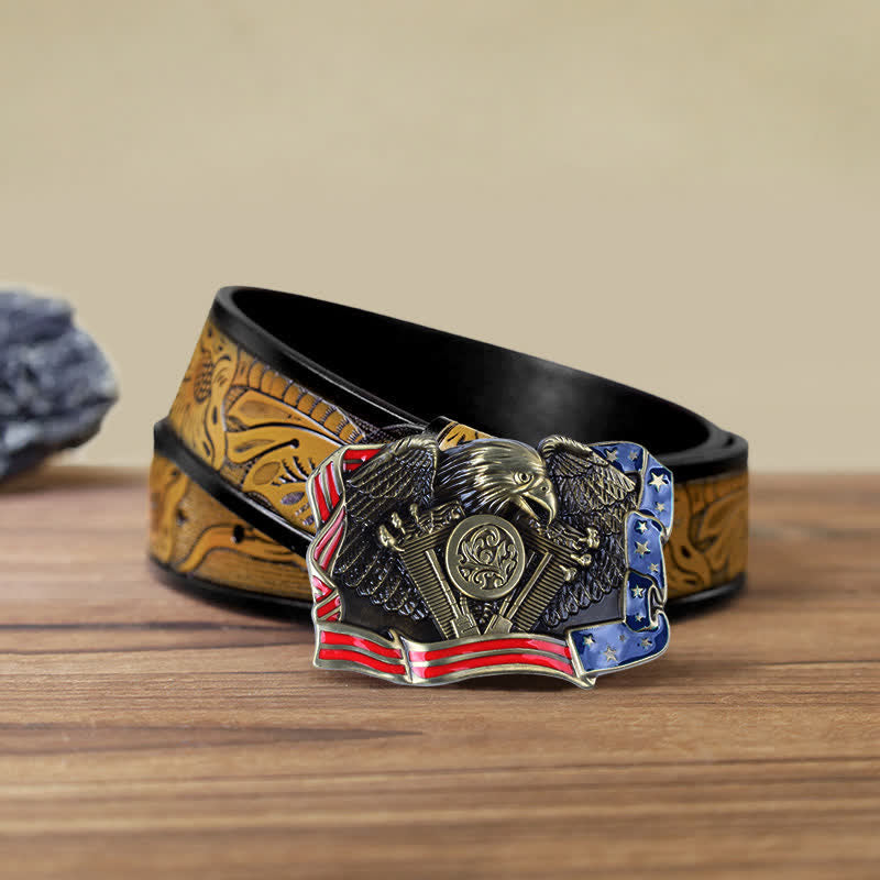 Men's DIY Eagle Patriotic Multi Color Buckle Leather Belt - Antique Bronze - SandyBrown Belt (40) - image 20
