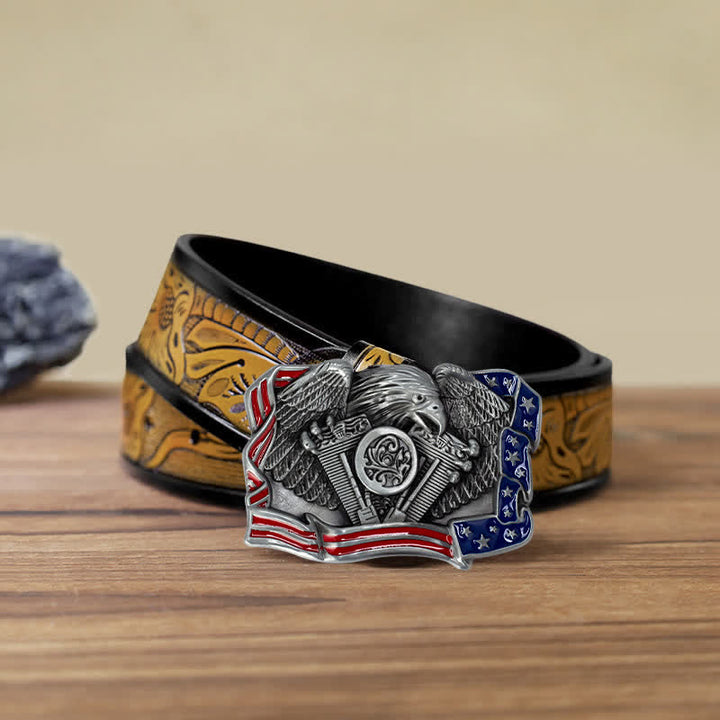Men's DIY Eagle Patriotic Multi Color Buckle Leather Belt - Antique Silver - SandyBrown Belt (40) - image 21