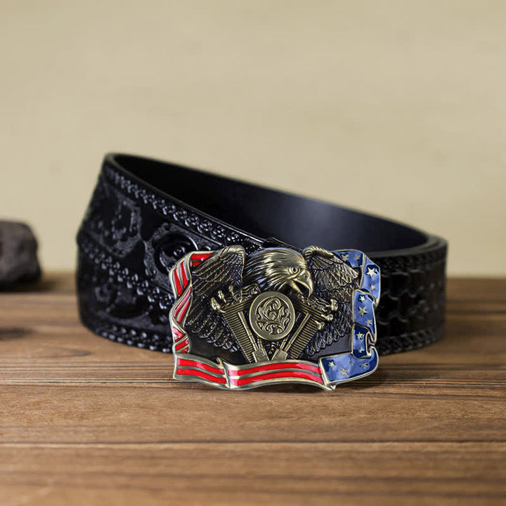 Men's DIY Eagle Patriotic Multi Color Buckle Leather Belt - Antique Bronze - Black Carved Belt (40) - image 14