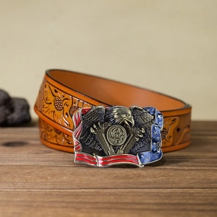 Men's DIY Eagle Patriotic Multi Color Buckle Leather Belt - Antique Bronze - Orange Carved Belt (40) - image 23