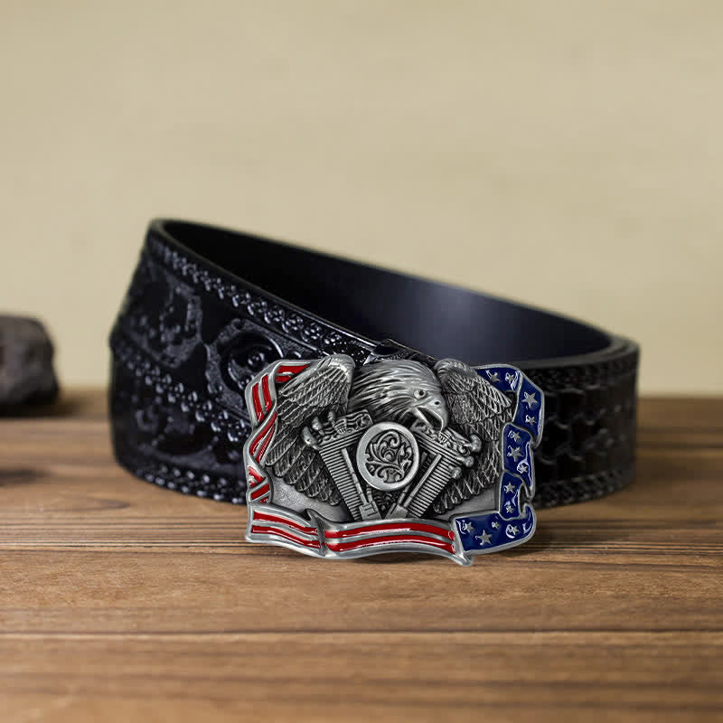Men's DIY Eagle Patriotic Multi Color Buckle Leather Belt - Antique Silver - Black Carved Belt (40) - image 15