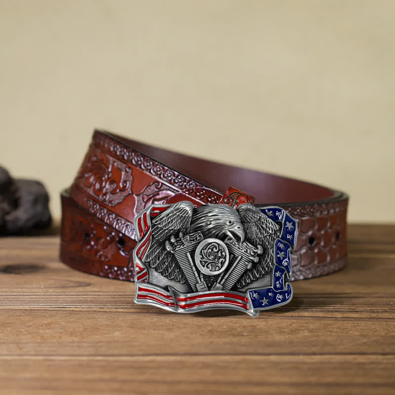 Men's DIY Eagle Patriotic Multi Color Buckle Leather Belt - Antique Silver - Brown Carved Belt (40) - image 18