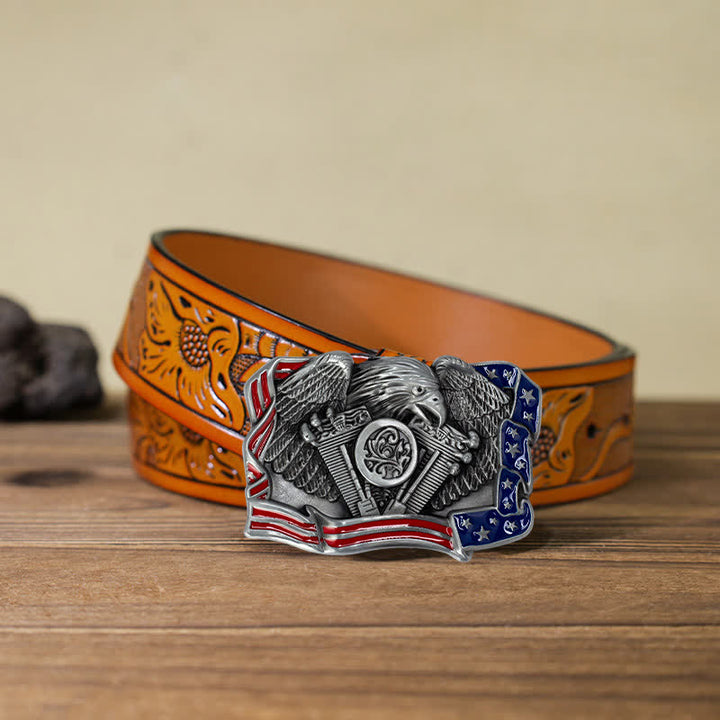 Men's DIY Eagle Patriotic Multi Color Buckle Leather Belt - Antique Silver - Orange Carved Belt (40) - image 24