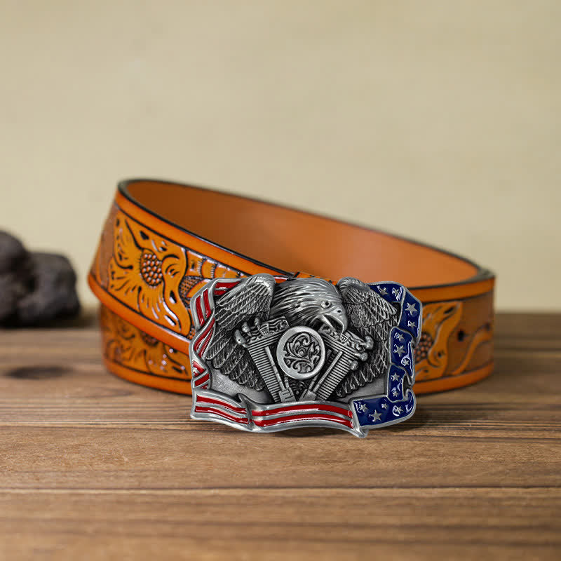Men's DIY Eagle Patriotic Multi Color Buckle Leather Belt - Antique Silver - Orange Carved Belt (40) - image 24