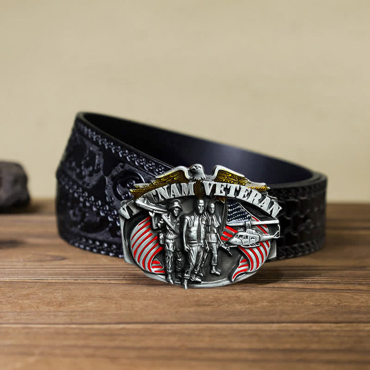 Men's DIY Vietnam Veteran Buckle Leather Belt - Vietnam Veteran - Black Carved Belt (40) - image 9