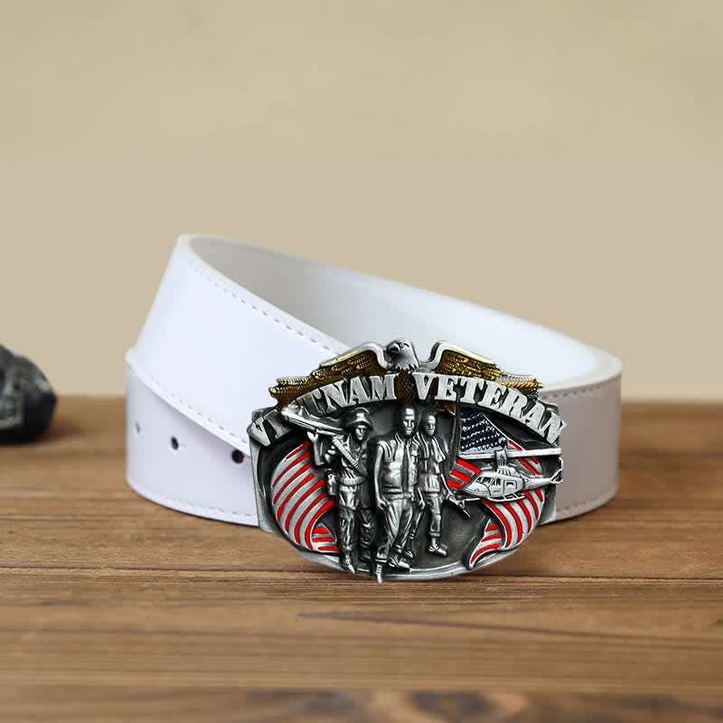 Men's DIY Vietnam Veteran Buckle Leather Belt - Vietnam Veteran - White PU Belt (40) - image 5