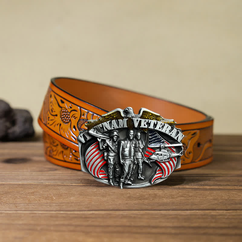 Men's DIY Vietnam Veteran Buckle Leather Belt - Vietnam Veteran - Orange Carved Belt (40) - image 15
