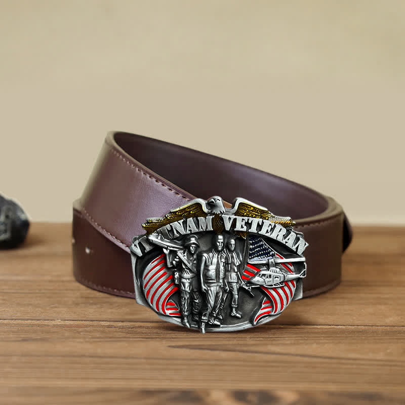 Men's DIY Vietnam Veteran Buckle Leather Belt - Vietnam Veteran - Brown PU Belt (40) - image 7