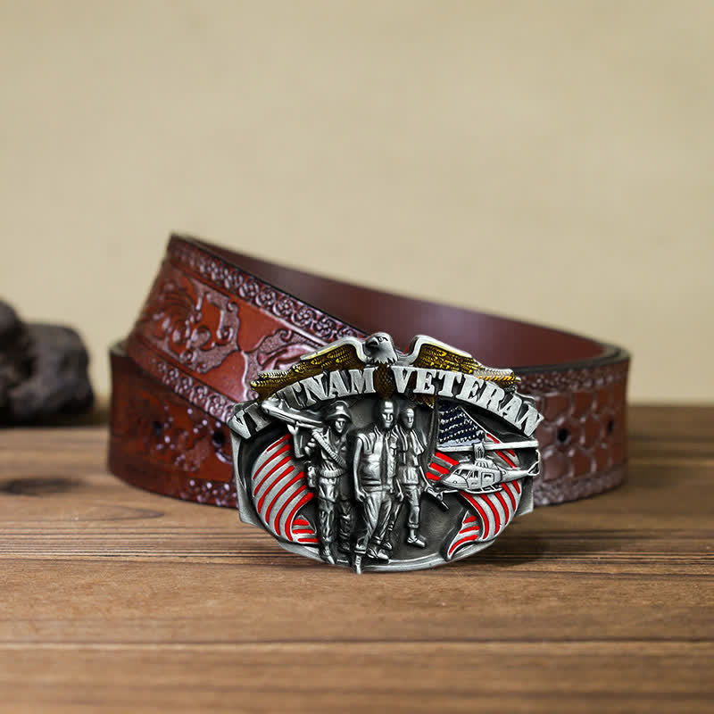 Men's DIY Vietnam Veteran Buckle Leather Belt - Vietnam Veteran - Brown Carved Belt (40) - image 11
