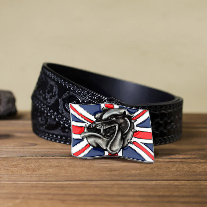 Men's DIY British Flag Bulldog Head Buckle Leather Belt - Bulldog Head - Black Carved Belt (40) - image 9