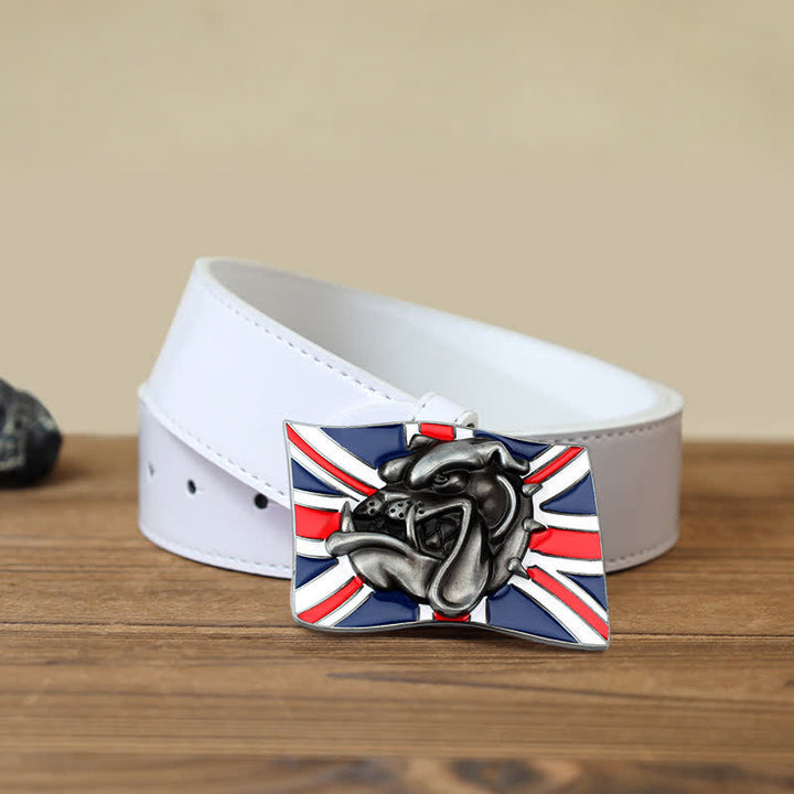 Men's DIY British Flag Bulldog Head Buckle Leather Belt - Bulldog Head - White PU Belt (40) - image 5