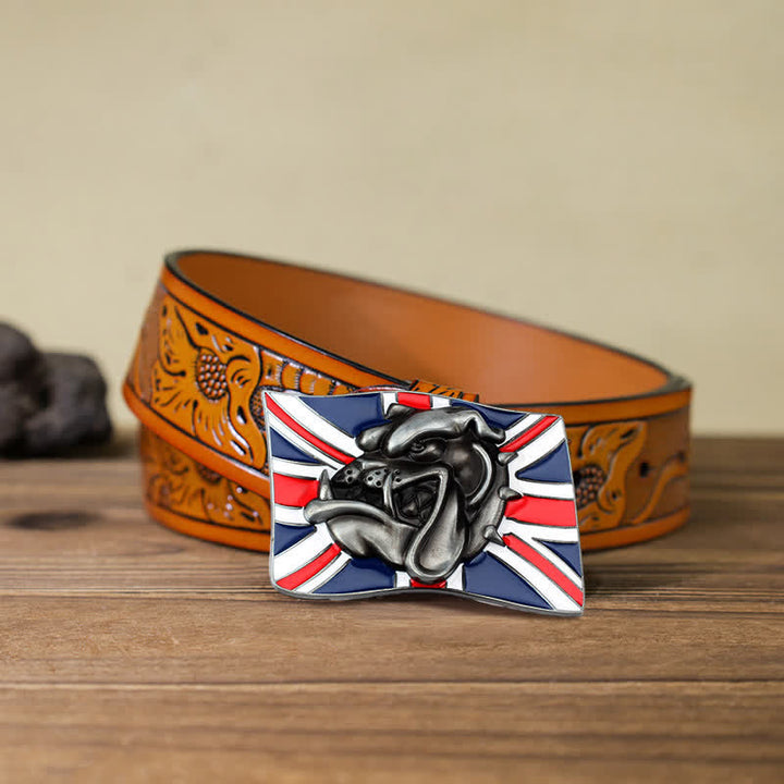 Men's DIY British Flag Bulldog Head Buckle Leather Belt - Bulldog Head - Orange Carved Belt (40) - image 15