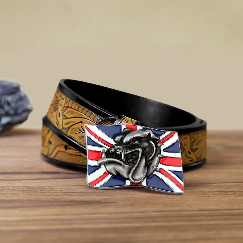 Men's DIY British Flag Bulldog Head Buckle Leather Belt - Bulldog Head - SandyBrown Belt (40) - image 13