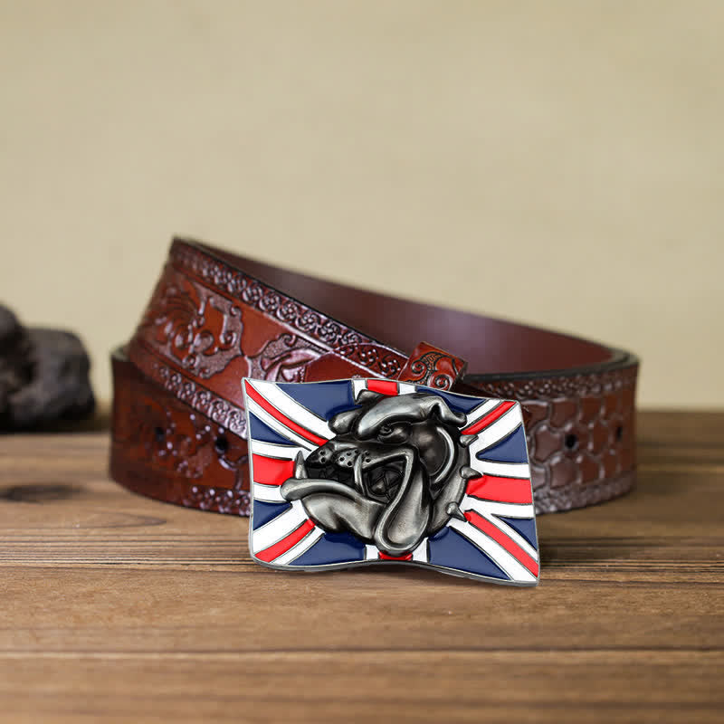 Men's DIY British Flag Bulldog Head Buckle Leather Belt - Bulldog Head - Brown Carved Belt (40) - image 11