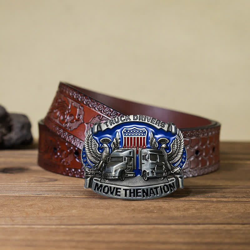 Men's DIY Truck Drivers Statement Buckle Leather Belt - Truck Drivers - Brown Carved Belt (40) - image 12