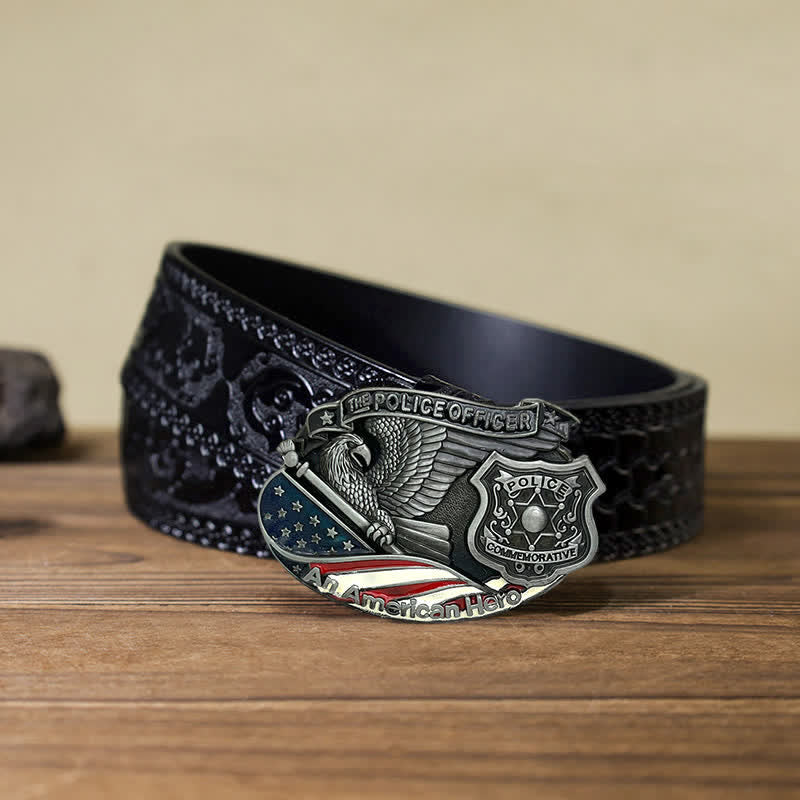 Men's DIY Police Officer Hero Eagle Buckle Leather Belt - Police Officer - Black Carved Belt (40) - image 9