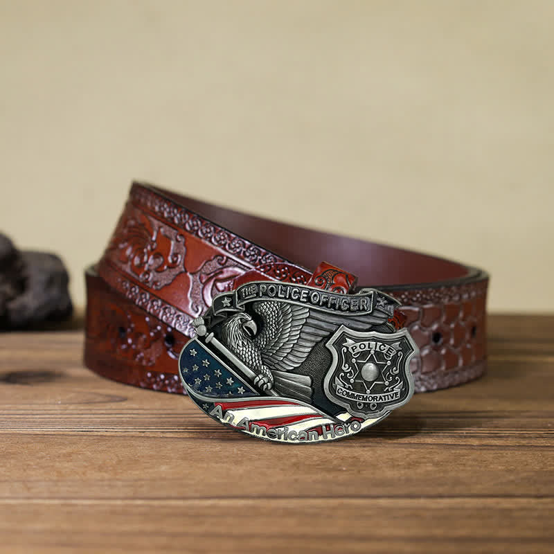 Men's DIY Police Officer Hero Eagle Buckle Leather Belt - Police Officer - Brown Carved Belt (40) - image 11