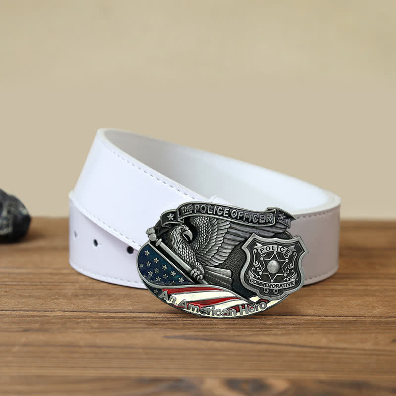 Men's DIY Police Officer Hero Eagle Buckle Leather Belt - Police Officer - White PU Belt (40) - image 5