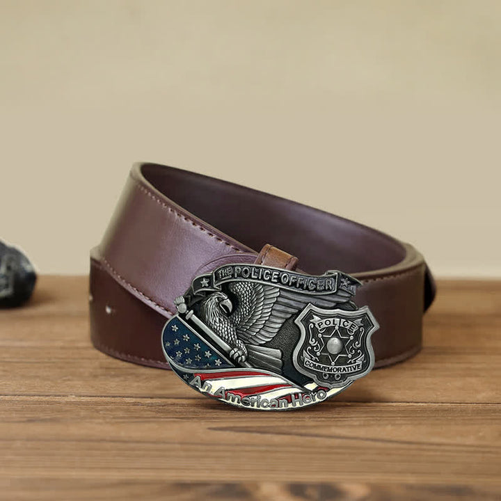 Men's DIY Police Officer Hero Eagle Buckle Leather Belt - Police Officer - Brown PU Belt (40) - image 7