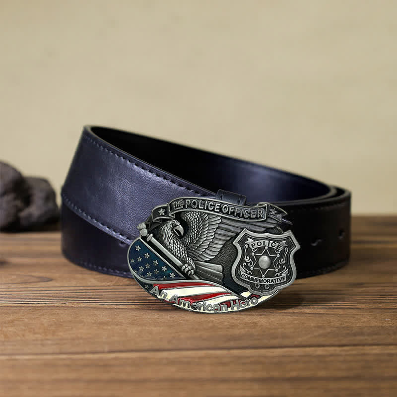 Men's DIY Police Officer Hero Eagle Buckle Leather Belt - Police Officer - Black PU Belt (40) - image 3