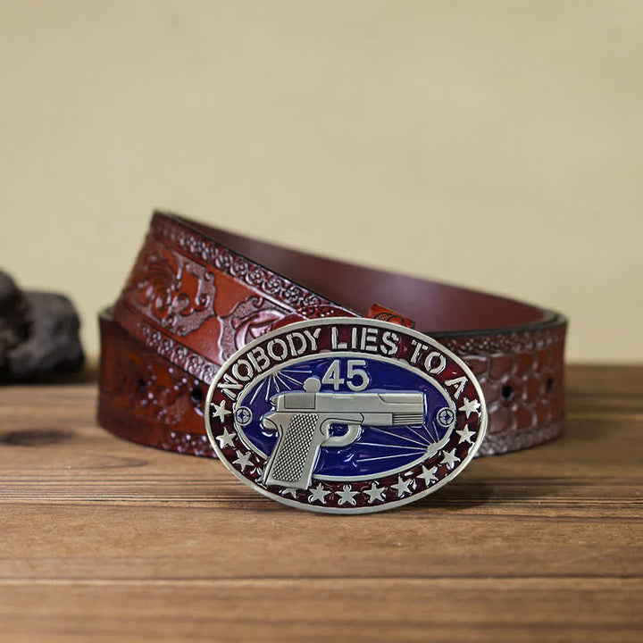 Men's DIY Enamel Gun Pistol Stars Buckle Leather Belt - Pistol - Brown Carved Belt (40) - image 12