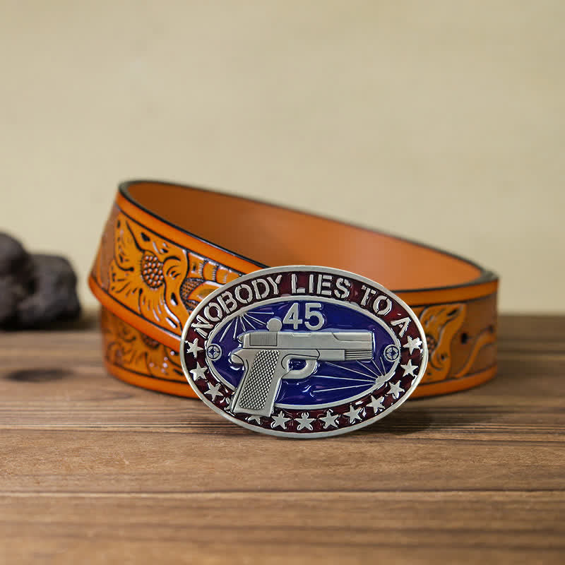 Men's DIY Enamel Gun Pistol Stars Buckle Leather Belt - Pistol - Orange Carved Belt (40) - image 16