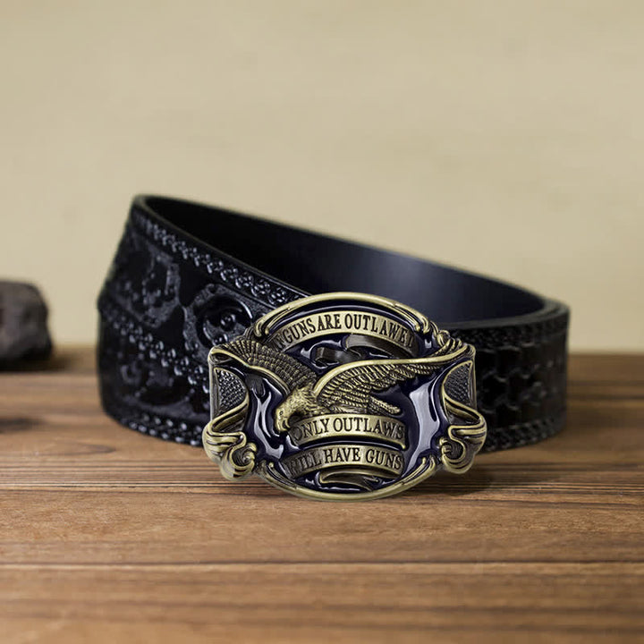 Men's DIY Soaring Eagle Statement Buckle Leather Belt - Antique Bronze - Black Carved Belt (40) - image 17