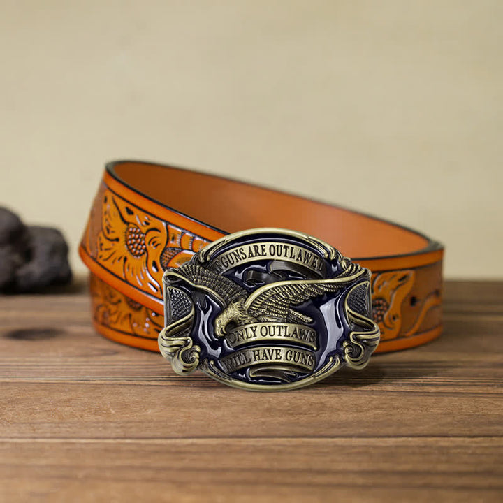 Men's DIY Soaring Eagle Statement Buckle Leather Belt - Antique Bronze - Orange Carved Belt (40) - image 26