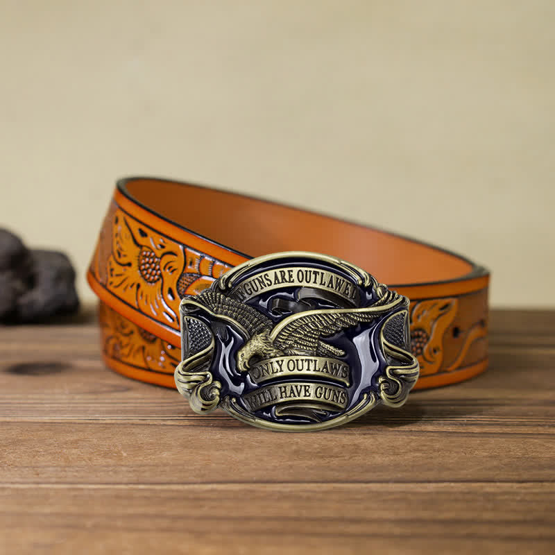 Men's DIY Soaring Eagle Statement Buckle Leather Belt - Antique Bronze - Orange Carved Belt (40) - image 26