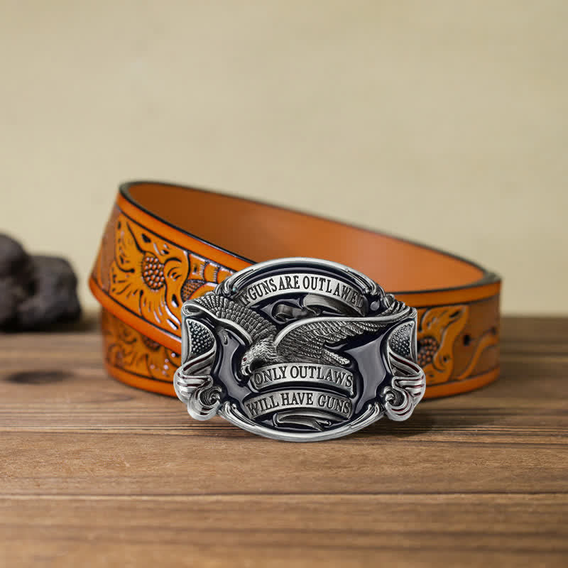 Men's DIY Soaring Eagle Statement Buckle Leather Belt - Antique Silver - Orange Carved Belt (40) - image 25