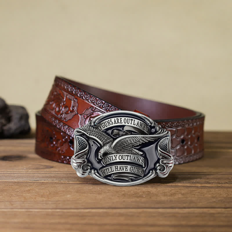 Men's DIY Soaring Eagle Statement Buckle Leather Belt - Antique Silver - Brown Carved Belt (40) - image 19