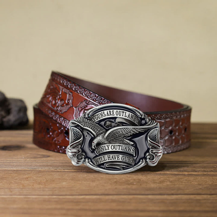 Men's DIY Soaring Eagle Statement Buckle Leather Belt - Antique Silver - Brown Carved Belt (40) - image 19