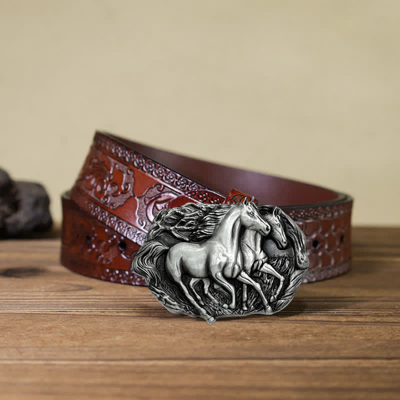 Men's DIY Wild Running Horses Buckle Leather Belt - Antique Silver - Brown Carved Belt (40) - image 18