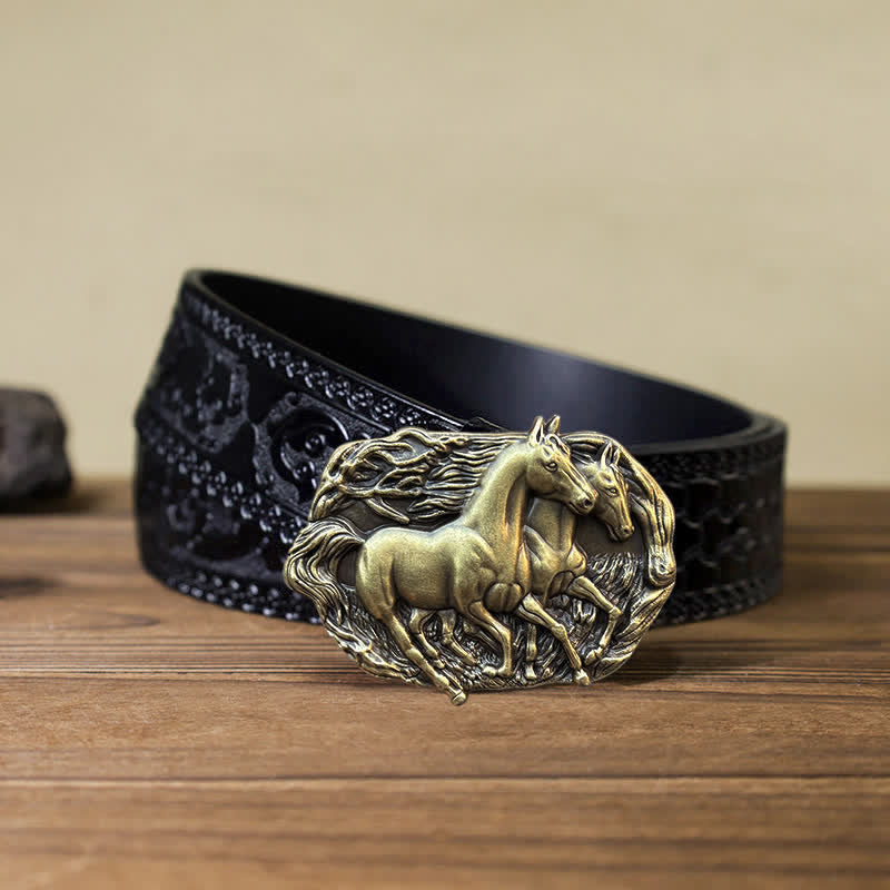 Men's DIY Wild Running Horses Buckle Leather Belt - Antique Bronze - Black Carved Belt (40) - image 14