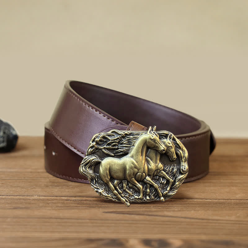 Men's DIY Wild Running Horses Buckle Leather Belt - Antique Bronze - Brown PU Belt (40) - image 11