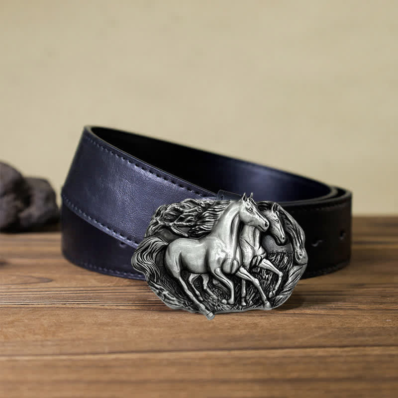 Men's DIY Wild Running Horses Buckle Leather Belt - Antique Silver - Black PU Belt (40) - image 6