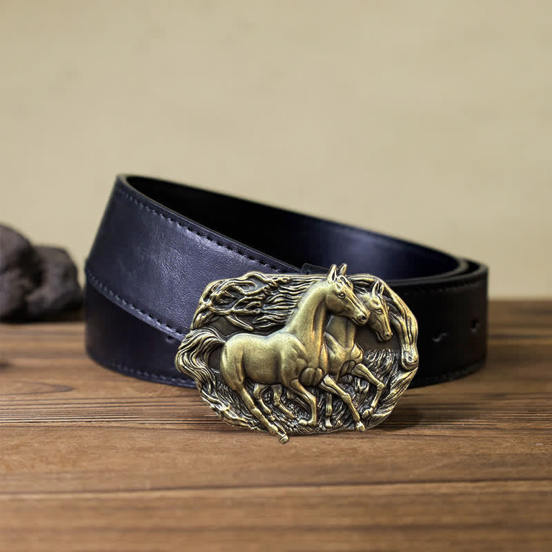 Men's DIY Wild Running Horses Buckle Leather Belt - Antique Bronze - Black PU Belt (40) - image 5