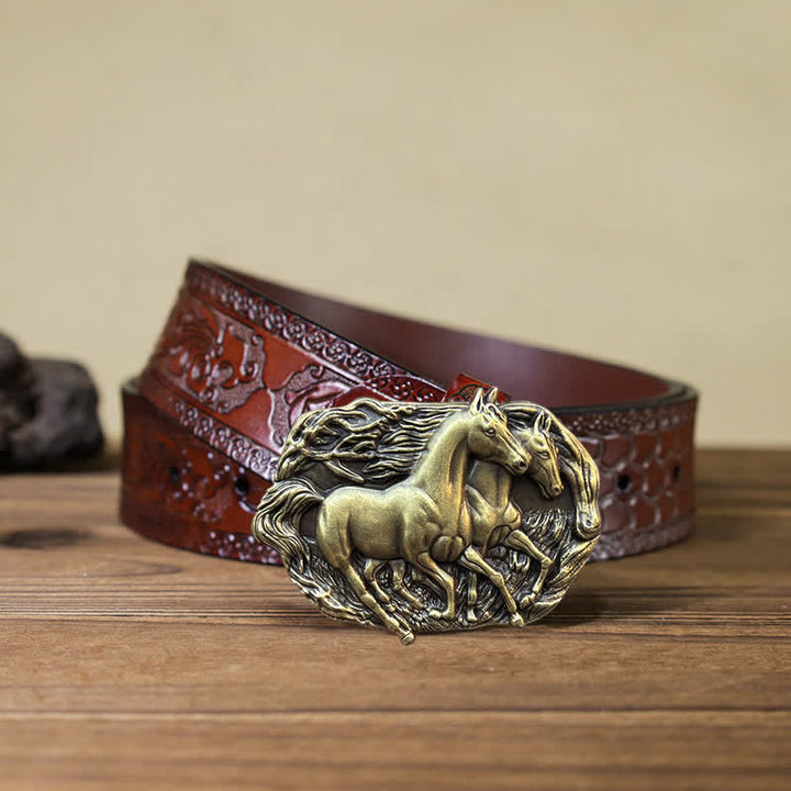 Men's DIY Wild Running Horses Buckle Leather Belt - Antique Bronze - Brown Carved Belt (40) - image 17