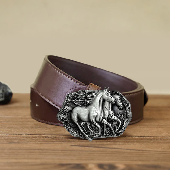 Men's DIY Wild Running Horses Buckle Leather Belt - Antique Silver - Brown PU Belt (40) - image 12