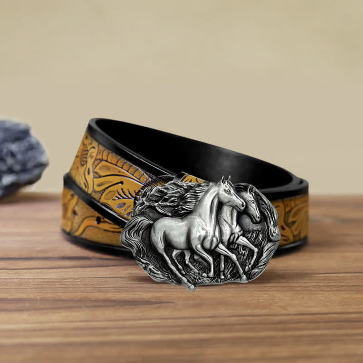 Men's DIY Wild Running Horses Buckle Leather Belt - Antique Silver - SandyBrown Belt (40) - image 21