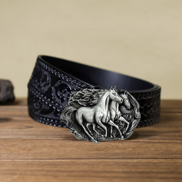 Men's DIY Wild Running Horses Buckle Leather Belt - Antique Silver - Black Carved Belt (40) - image 15