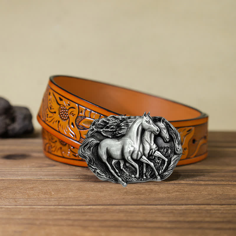 Men's DIY Wild Running Horses Buckle Leather Belt - Antique Silver - Orange Carved Belt (40) - image 24