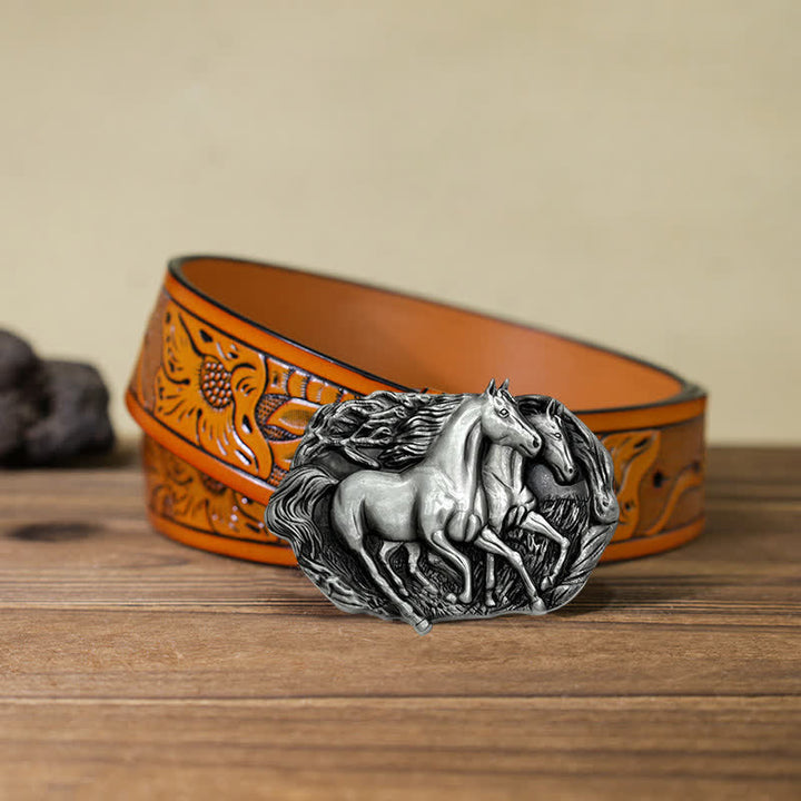 Men's DIY Wild Running Horses Buckle Leather Belt - Antique Silver - Orange Carved Belt (40) - image 24