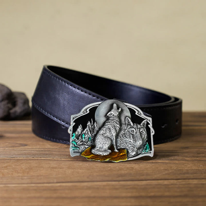 Men's DIY Two Wolves Forest Buckle Leather Belt - Antique Silver - Black PU Belt (115 cm/46 inch) - image 5