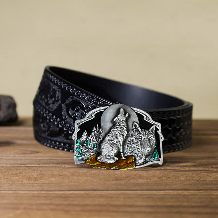 Men's DIY Two Wolves Forest Buckle Leather Belt - Antique Silver - Black Carved Belt (115 cm/46 inch) - image 14