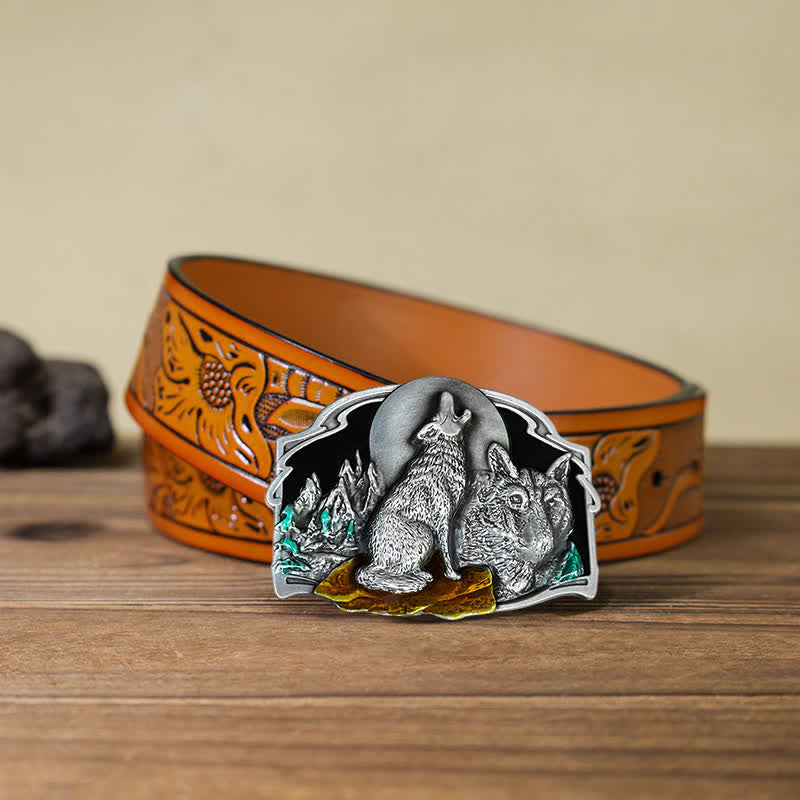 Men's DIY Two Wolves Forest Buckle Leather Belt - Antique Silver - Orange Carved Belt (115 cm/46 inch) - image 23