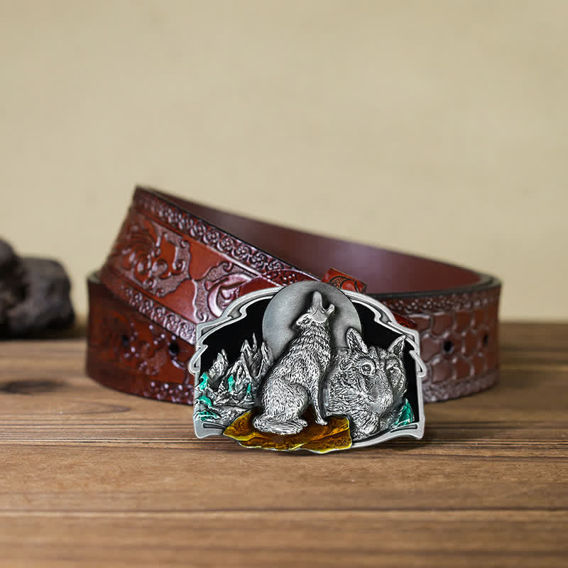 Men's DIY Two Wolves Forest Buckle Leather Belt - Antique Silver - Brown Carved Belt (115 cm/46 inch) - image 17