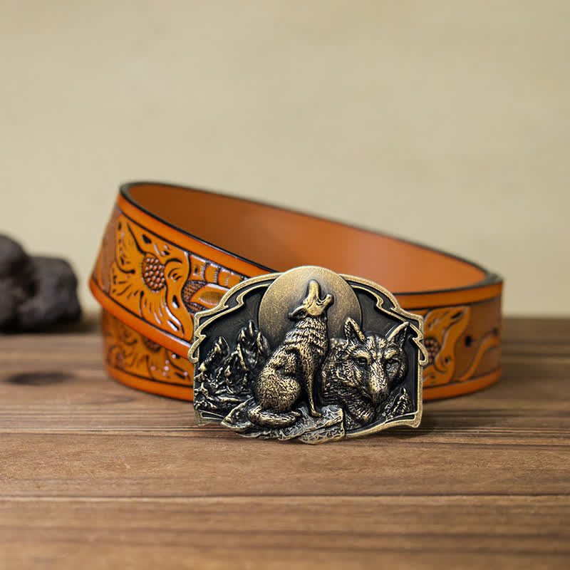 Men's DIY Two Wolves Forest Buckle Leather Belt - Antique Bronze - Orange Carved Belt (115 cm/46 inch) - image 24
